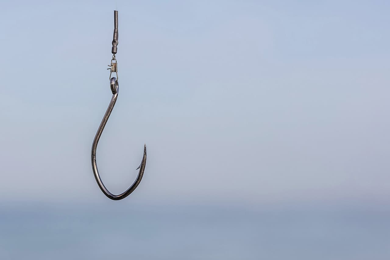 A single steel fishing hook hanging from a line against a pale sky