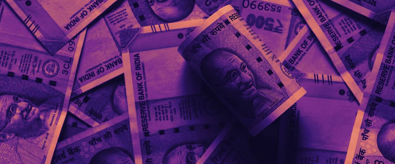 A close-up of a spread of Indian five hundred rupee banknotes