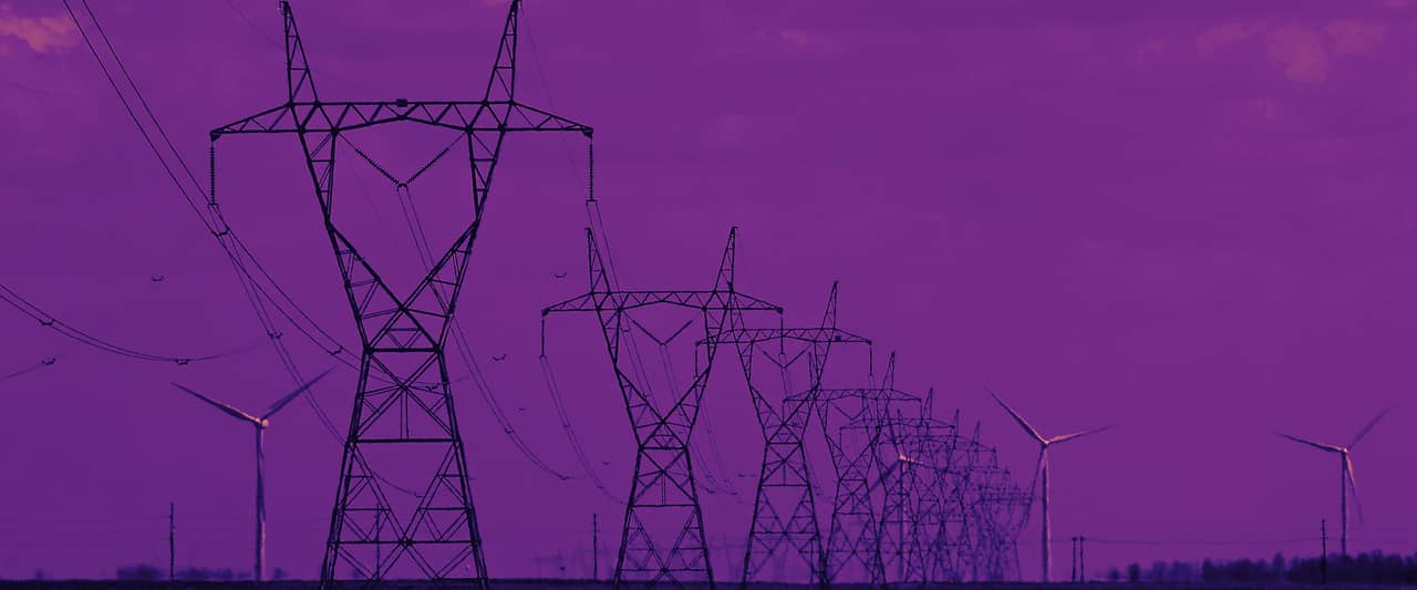 Electricity pylons and wind turbines across a flat field under a pale sky