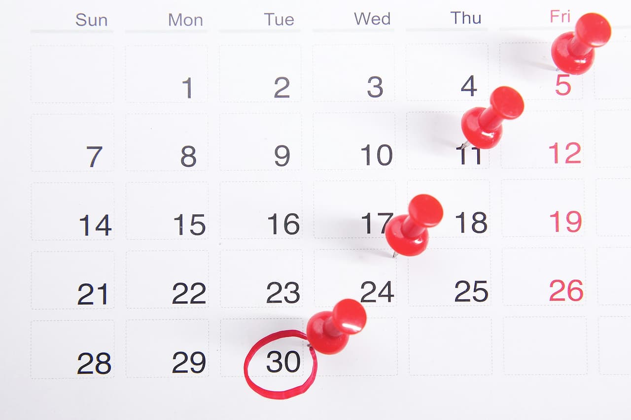 A wall calendar with red push pins and one date circled