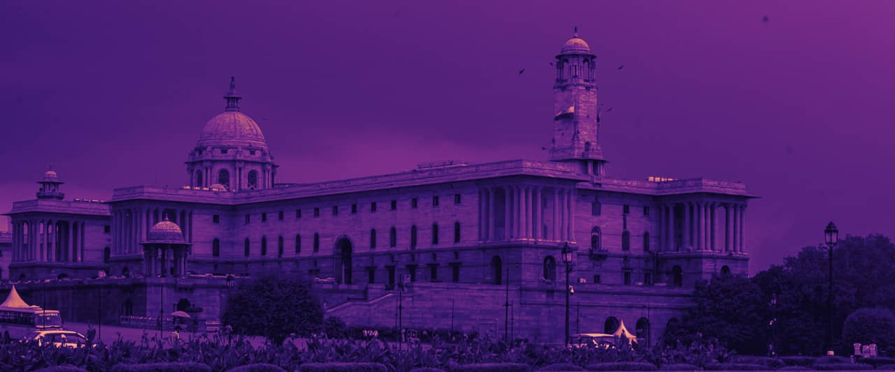 The North Block secretariat on Raisina Hill in New Delhi reflected in a pool