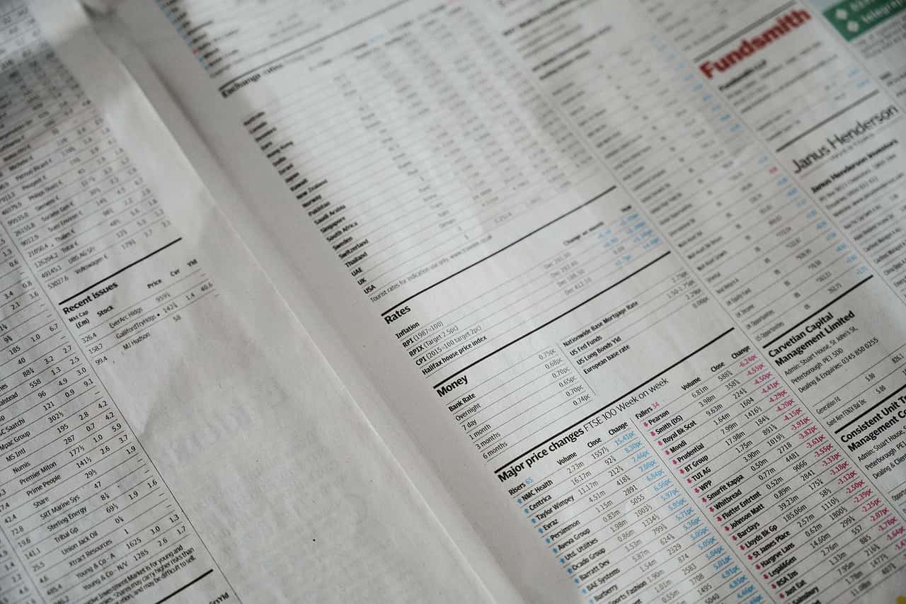 Columns of share price tables in the finance pages of a newspaper