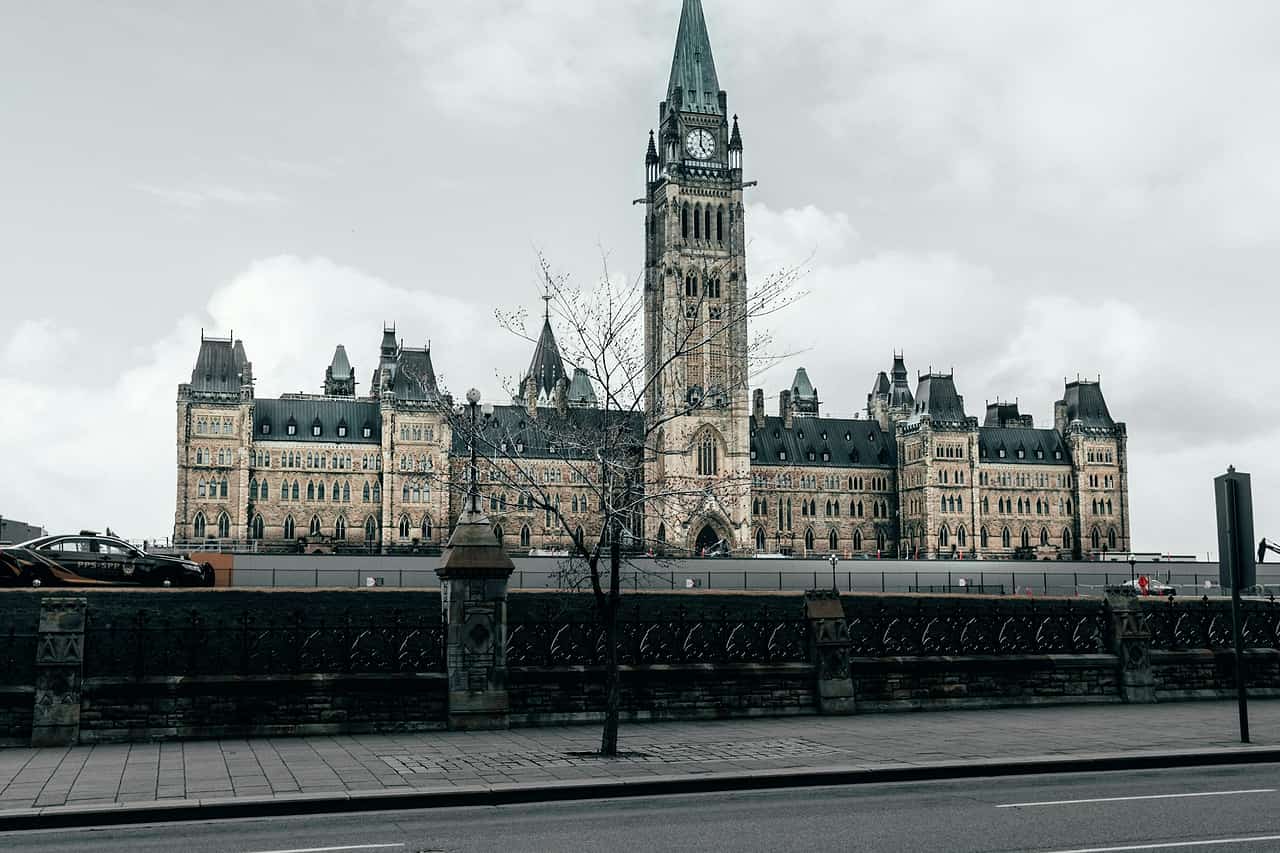 The Centre Block of Parliament in Ottawa seen from across Wellington Street