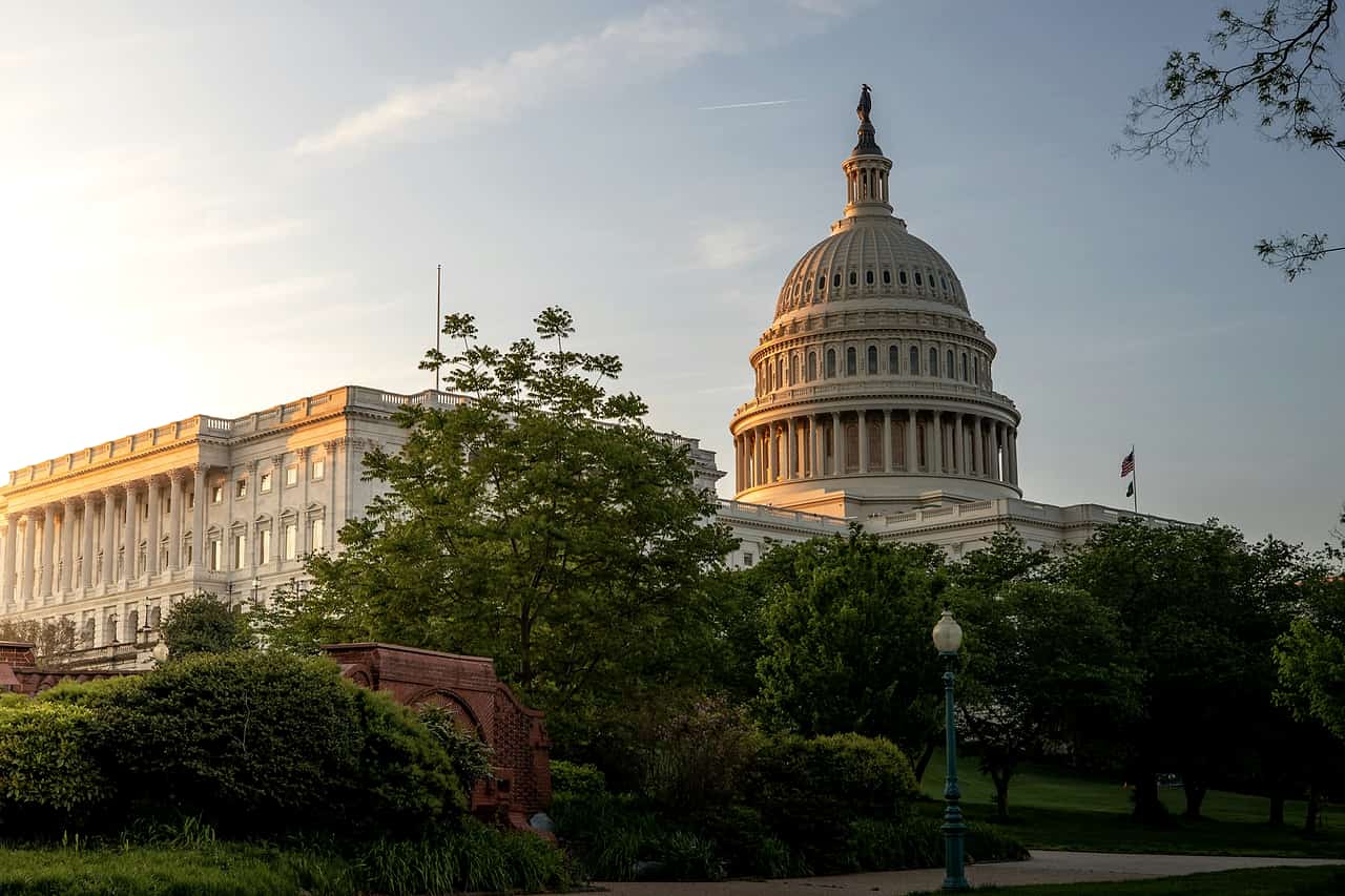 The United States Capitol dome in warm evening light behind trees