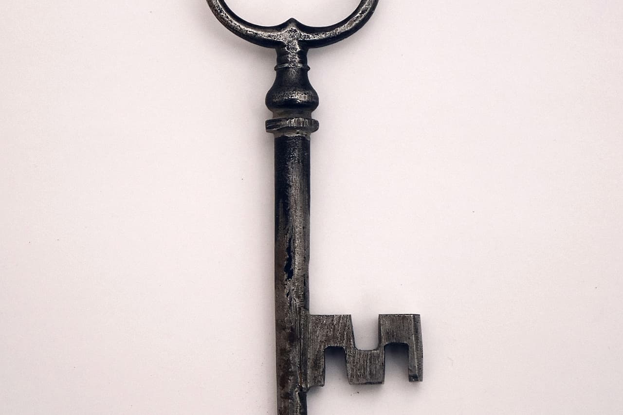 A single antique key with an ornate bow against a pale wall