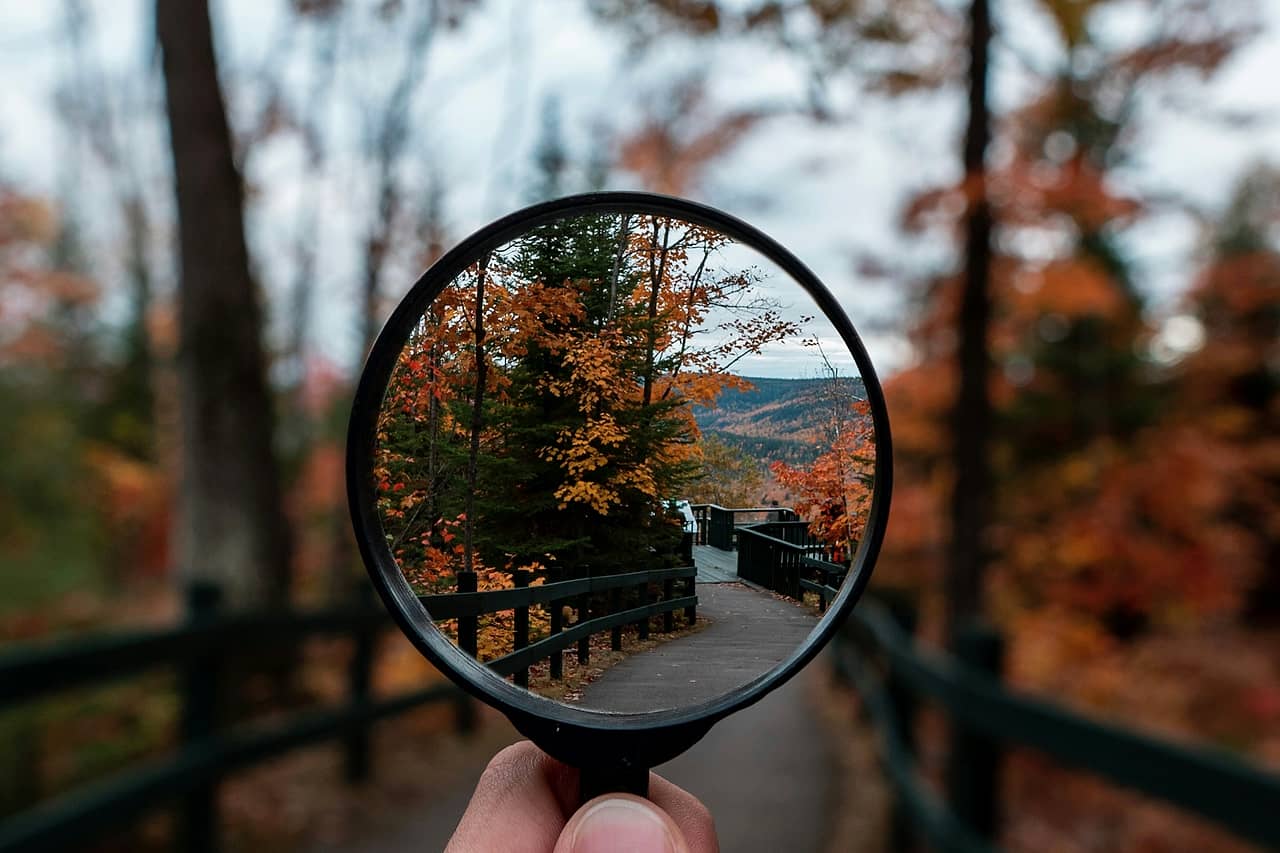 A magnifying glass held up, bringing an autumn landscape into focus
