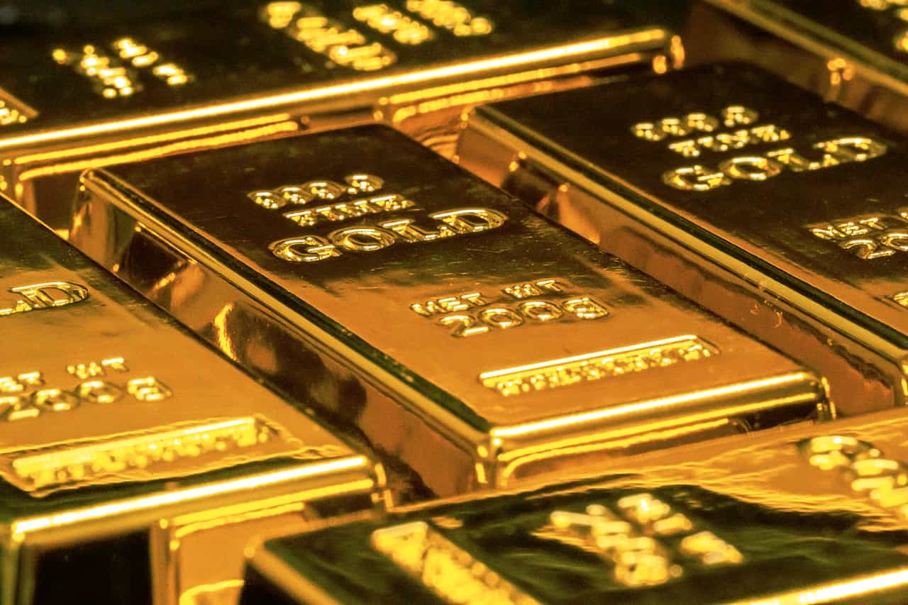 Close view of stacked gold bars