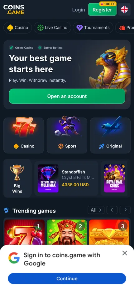 Coins.game front page, phone view, 2026-09-28