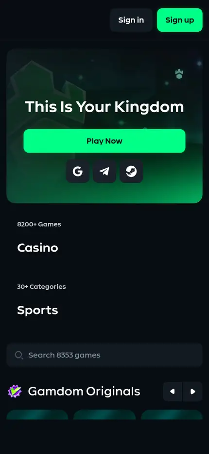 Gamdom front page, phone view, 2026-09-28