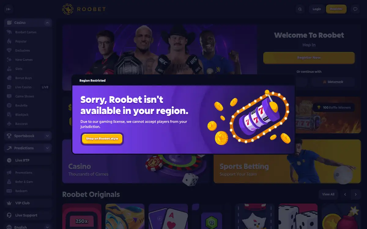 Roobet front page, laptop view, 2026-09-28
