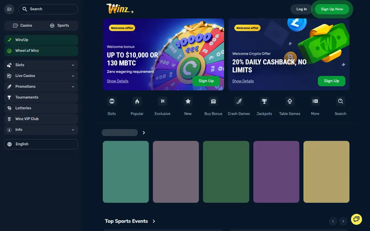 Winz.io front page, laptop view, 2026-09-28